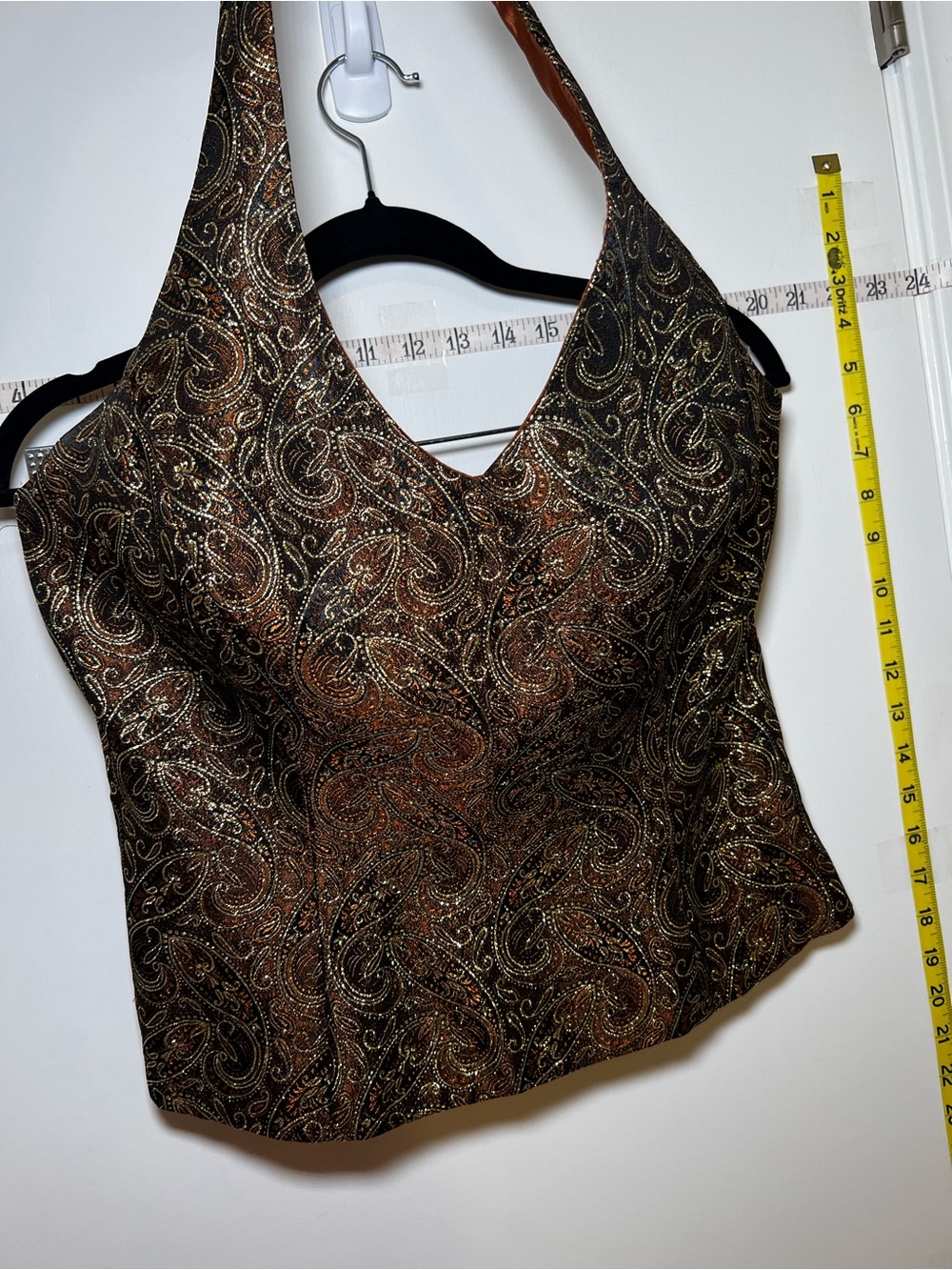 Vintage Xscape Brown Gold Metallic Paisley Halter Corset with Boning + Zipper